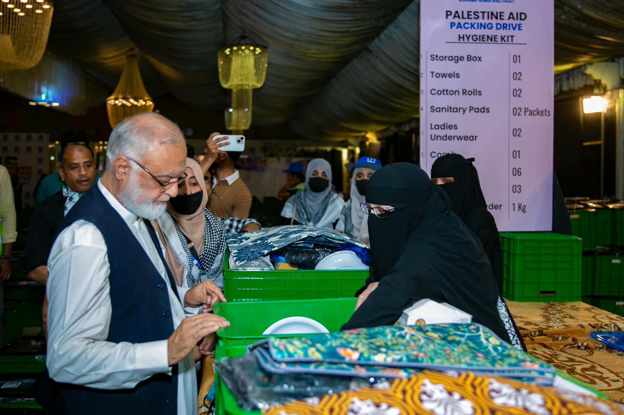 President Alkhidmat Arrives at Palestine Aid Packing Drive organized by Alkhidmat Women Wing Trust.